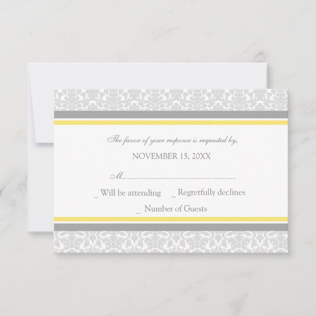 Lemon Grey Damask RSVP Wedding Card (Front)