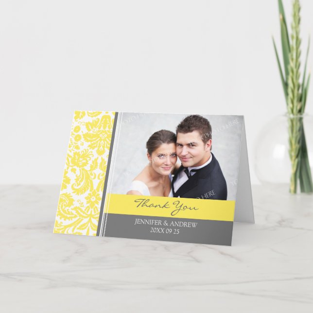 Lemon Grey Damask Wedding Thank You Card (Front)