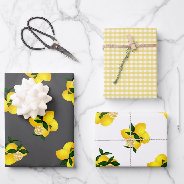 Lemon Grey Gingham Wrapping Paper Sheet (Front)