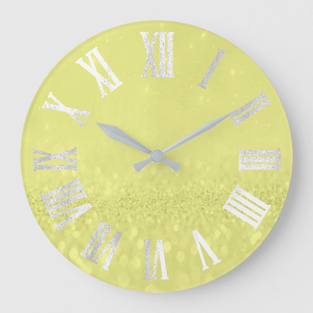 Lemon Grey Silver Glitter Metal Roman Numers Large Clock (Front)