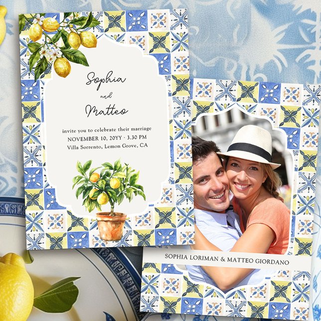 Lemon Grove Blue Yellow Italian Inspired Wedding Invitation (Wedding Invitation with Photo from the Lemon Grove Wedding Collection by Darling & May)