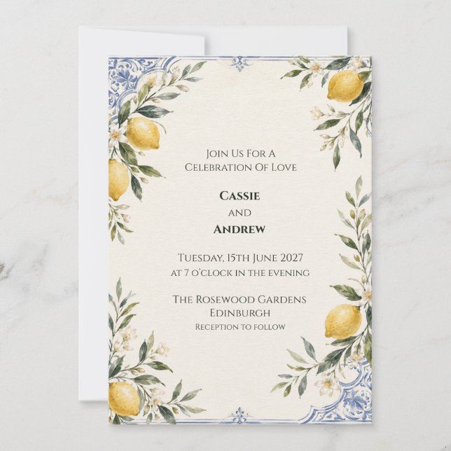 Lemon Grove Mediterranean Tile Wedding Invitation (Front)