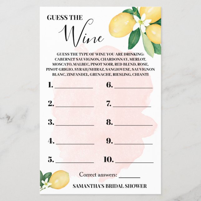 Lemon Guess the Wine Pink Bridal Shower Game Card (Front)