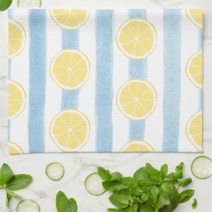 Lemon Halves on Ocean Blue Stripes Tea Towel