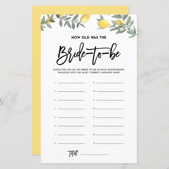 Lemon How Old Was the Bride Bridal Shower Game (Front/Back)