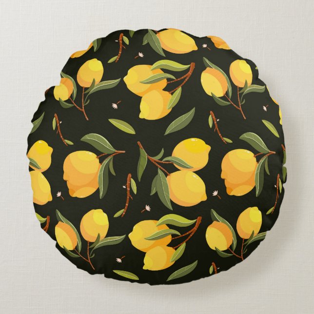 Lemon Illustration: Handpainted Seamless Pattern. Round Cushion (Front)