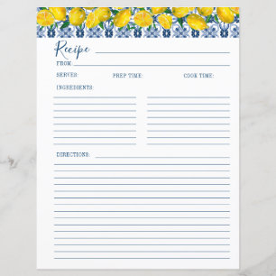 Lemon Italian Blue tile Bridal Shower Recipe Card