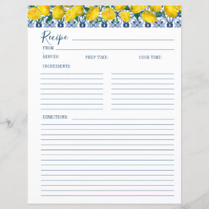 Lemon Italian Blue tile Bridal Shower Recipe Card 