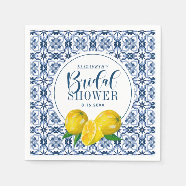 Lemon Italian Blue Tile Wedding Bridal Shower Napkin (Front)