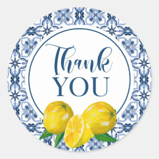 Lemon Italian Blue Tile Wedding Thank You Sticker