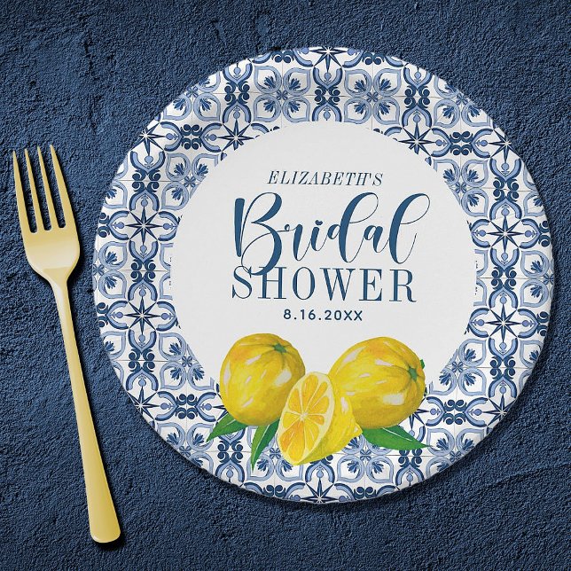 Lemon Italian Blue Tile Wedding Thank You Sticker Paper Plate (An elegant lemon Mediterranean bridal shower paper plate)