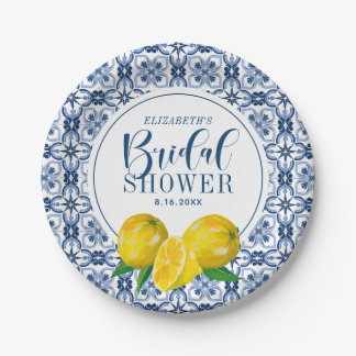 Lemon Italian Blue Tile Wedding Thank You Sticker  Paper Plate