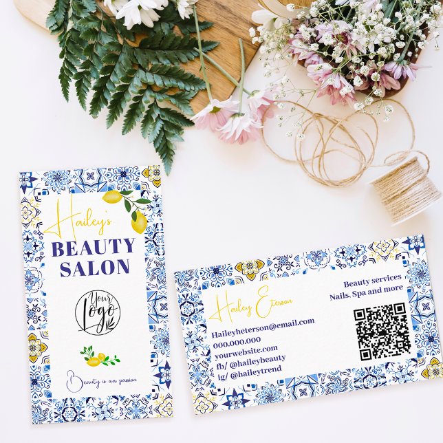 Lemon Italian blue tiles watercolor beauty salon Business Card (Creator Uploaded)