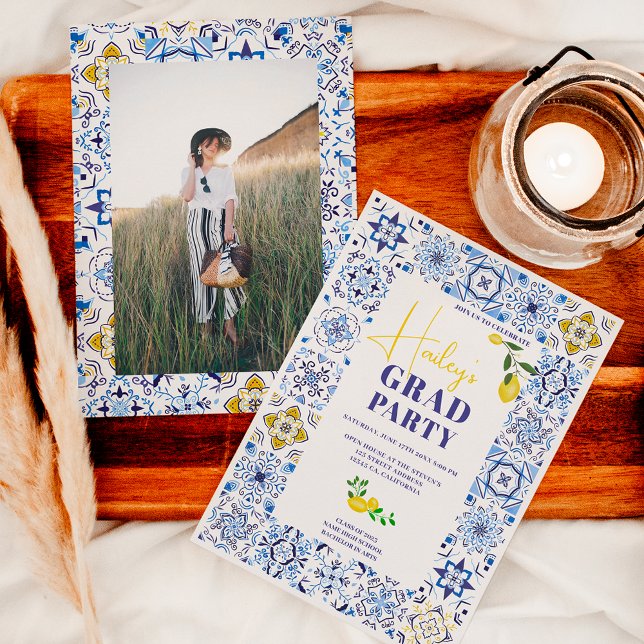 Lemon Italian blue tiles watercolor graduation Invitation (Creator Uploaded)