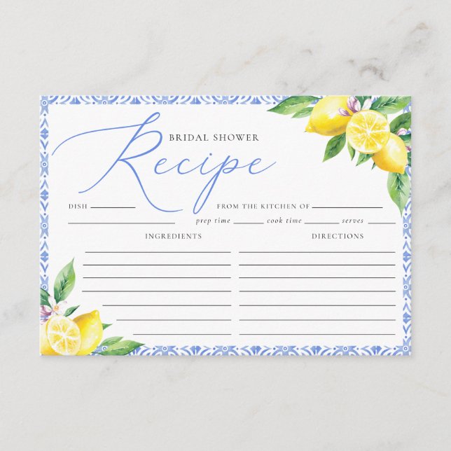 Lemon Italian Positano Blue Bridal Shower Recipe Enclosure Card (Front)