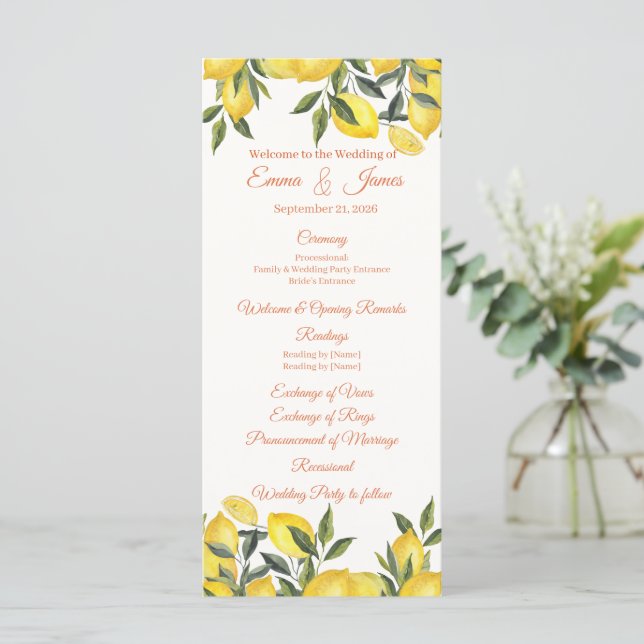 Lemon Italy Personalised Wedding Program Template (Standing Front)