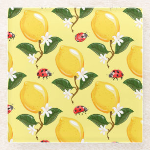 Lemon Ladybug: Tropical Yellow Pattern. Glass Coaster
