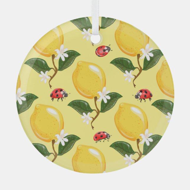 Lemon Ladybug: Tropical Yellow Pattern. Glass Tree Decoration (Front)