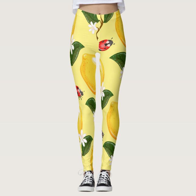 Lemon Ladybug: Tropical Yellow Pattern. Leggings (Front)