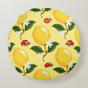 Lemon Ladybug: Tropical Yellow Pattern. Round Cushion