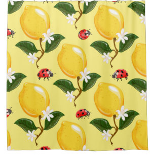 Lemon Ladybug: Tropical Yellow Pattern. Shower Curtain