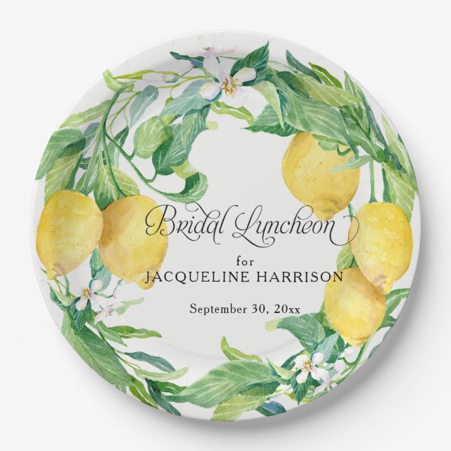Lemon Leaf Greenery Floral Wreath Bridal Luncheon Paper Plate (Front)