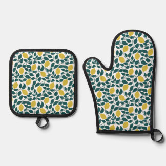 Lemon & Leaf Print Summer Kitchen Oven Mitt & Pot Holder Set