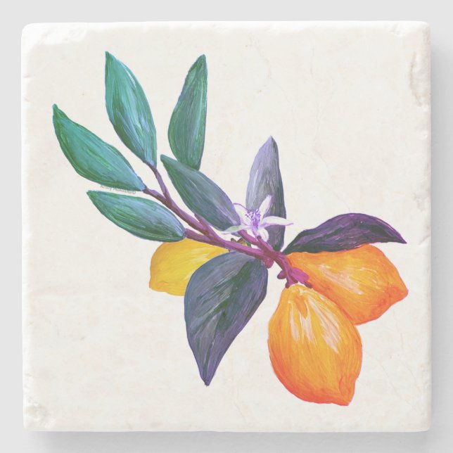 Lemon Leaf Stone Coaster | Artistic Citrus Garden (Front)