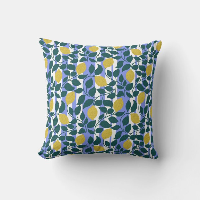Lemon & Leaf Stripe Blue Botanical Summer  Cushion (Front)