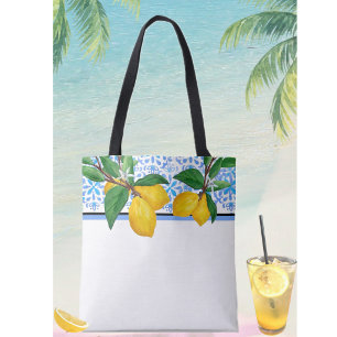 Lemon Leaf Watercolor Tote Blue Amalfi Citrus Bag