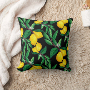 Lemon Leaf Yellow Green Black Pattern Throw Pillow