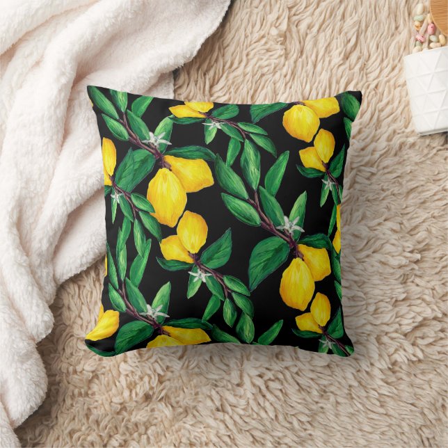 Lemon Leaf Yellow Green Black Pattern Throw Pillow (Blanket)