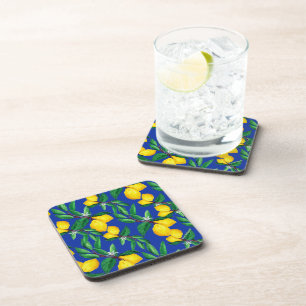 Lemon Leaf Yellow Green Blue Pattern Drink Coaster