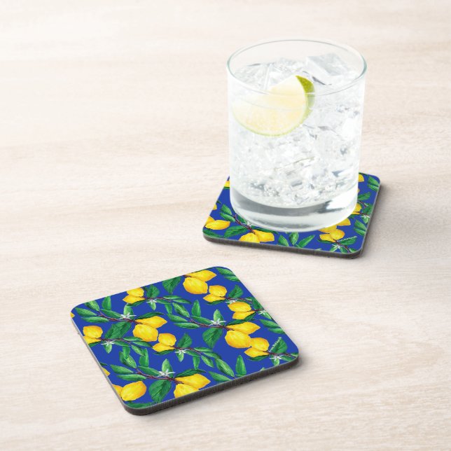 Lemon Leaf Yellow Green Blue Pattern Drink  Coaster (Right Side)