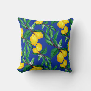 Lemon Leaf Yellow Green Blue Pattern Throw Pillow