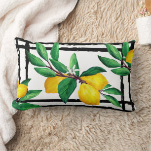 Lemon Leaves Citrus Yellow Green Leaf Black Line Lumbar Cushion