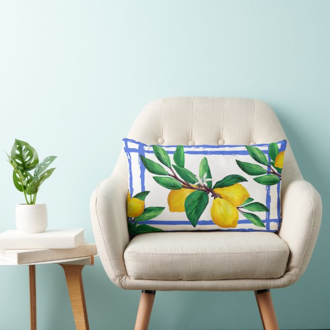Lemon Leaves Citrus Yellow Green Leaf Blue Lattice Lumbar Cushion (Chair)