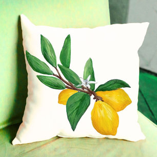 Lemon Leaves Citrus Yellow Green Leaf Watercolor Cushion