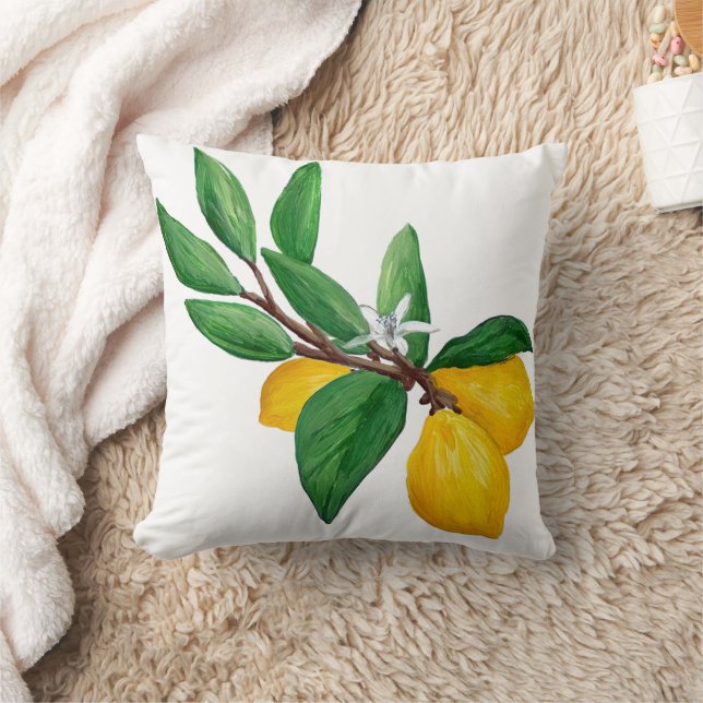 Lemon Leaves Citrus Yellow Green Leaf Watercolor Cushion (Blanket)