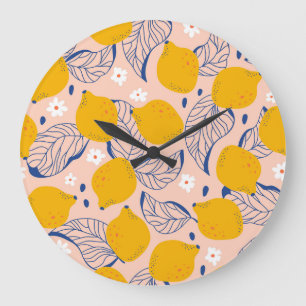 Lemon Leaves: Pink Vintage Seamless. Large Clock