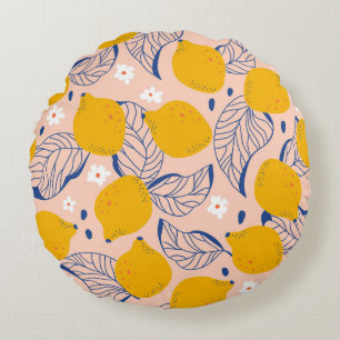 Lemon Leaves: Pink Vintage Seamless. Round Cushion