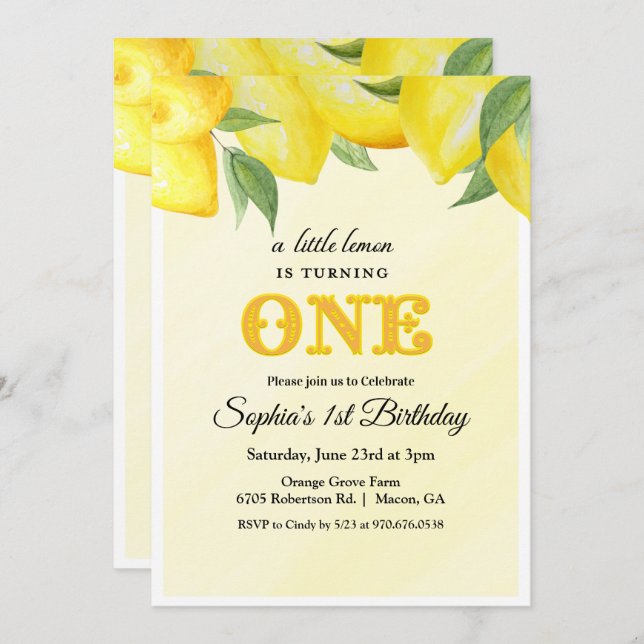 Lemon Lemonade First 1st Birthday Invitation (Front/Back)