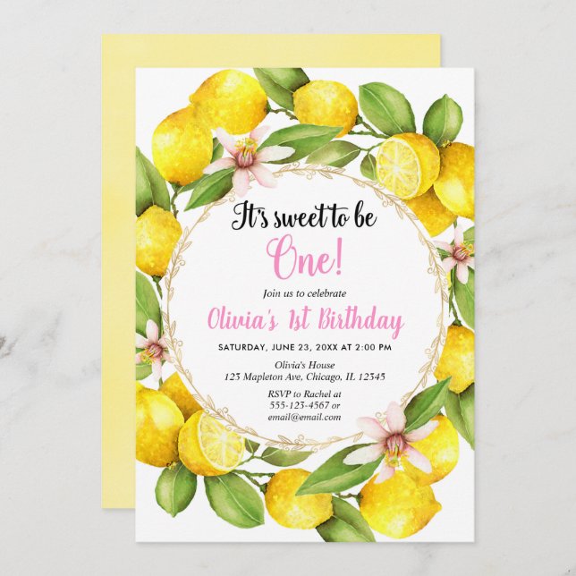 Lemon Lemonade girl 1st birthday invitation (Front/Back)