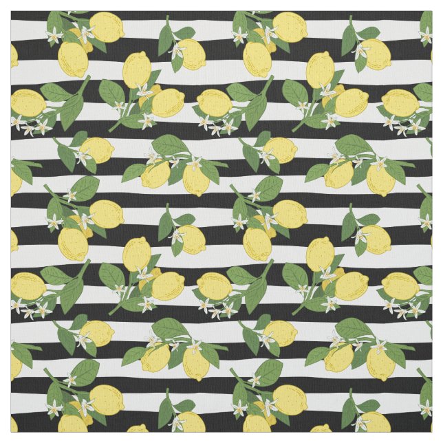 Lemon Lemons Citrus Black Stripes Fabric (Swatch)