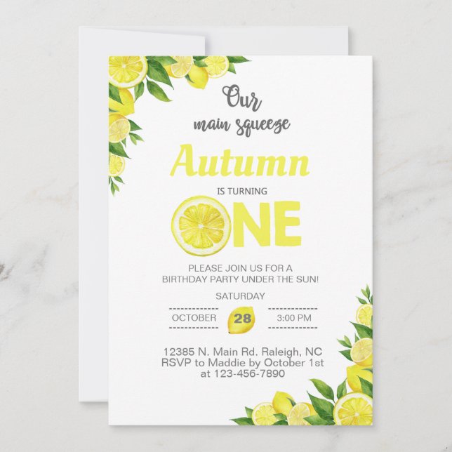 Lemon, lemons girl 1st first birthday invitation. invitation (Front)