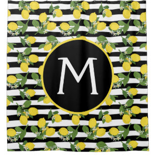 Lemon Lemons Yellow Black Stripes Bath Shower Curtain