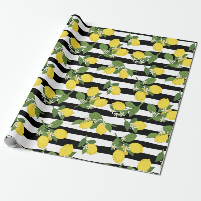 Lemon Lemons Yellow Black Stripes Gift Wrap Paper (Unrolled)