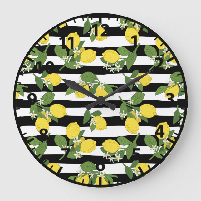 Lemon Lemons Yellow Black Stripes Large Clock (Front)