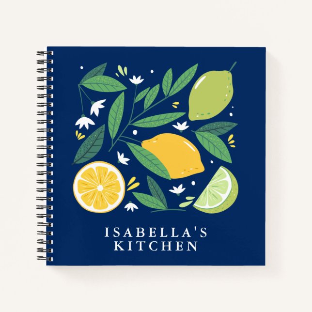 Lemon Lime Fruit Blue Personalised Kitchen Recipe Notebook (Front)