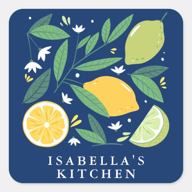 Lemon Lime Fruit Design Blue Personalised Kitchen Square Sticker (Front)